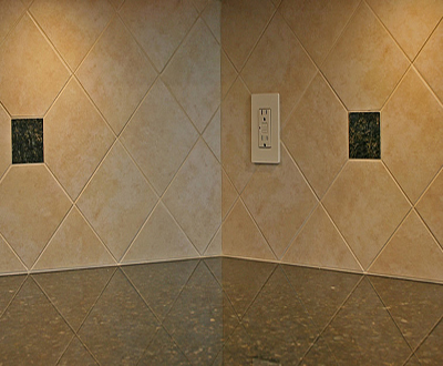 Tiled kitchen backsplash, set on diagonal, with decos